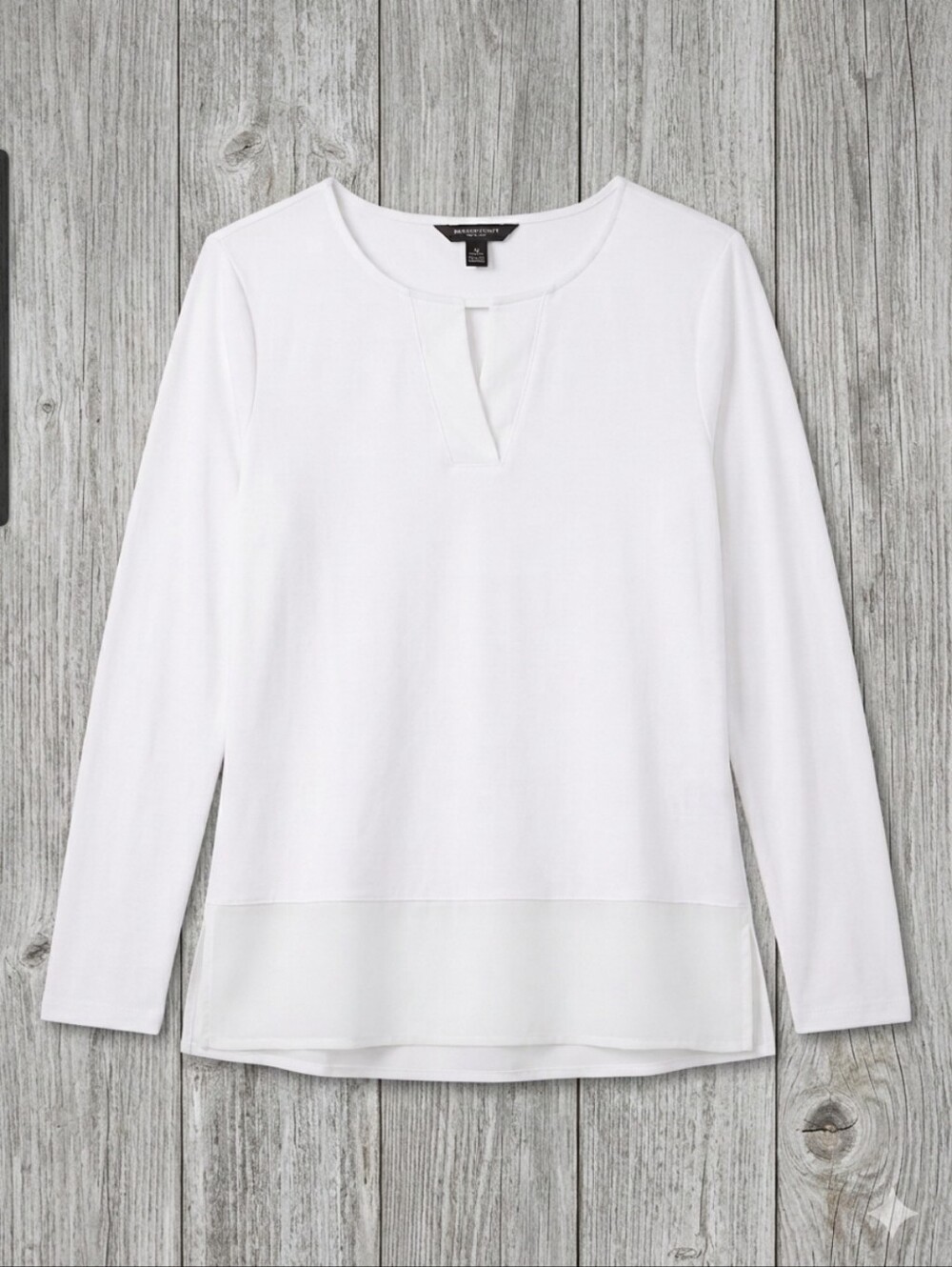Banana Republic White Ivory Long Sleeve Split-Neck Top with Sheer Hem XS Petite
